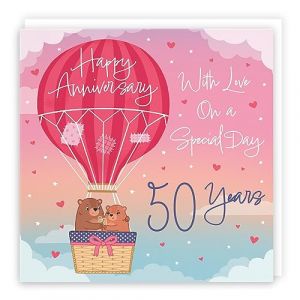 Hunts England - Carte de 50e anniversaire de montgolfi&egrave;re pour lui/elle &ndash; Collection Ours mignons &ndash; Carte de luxe pour 50e anniversaire pour femme, mari, amis, couple &ndash; Carte d'anniversaire de 50 ans (Hunts England LTD, neuf)