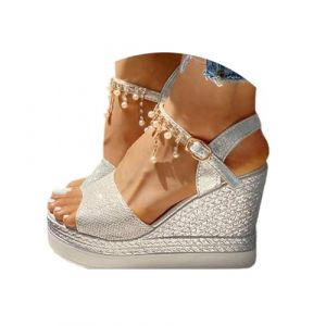 Minetom Sandale Femme Talon Compensé Chunky Chaussure Sandale Plateforme Cheville Perle Strass Talon Plateforme Sandales A Argent 34 EU (B.W.S KIT, neuf)