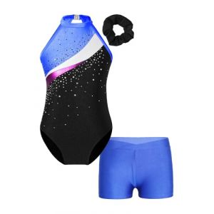 Oyolan Enfant Fille Justaucorps Gymnastique Strass avec Short Danse Gym Patinage Costume Spectacle Entraînement 5-16 Ans A Bleu 11-12 ans (Oyolan EU, neuf)