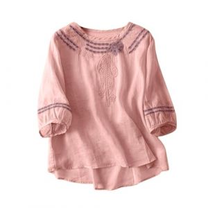 Chemisier Coton et Lin Manches Courtes pour Femme Blouses Ample Col Rond Tunique D'&eacute;t&eacute; Boh&egrave;me Folklore Vintage Broderie Top Hauts L&acirc;che Respirant T-Shirts Grande Taille Pas Cher Tunique Blouse Mode (GUnakd, neuf)