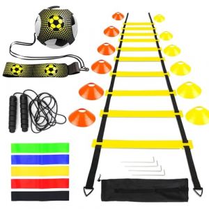 LangRay Kit d'entraînement de Football, Échelle de Rythme 6m, 12 Cônes de Disque, 1 Corde à Sauter, 1 Kick Entraîneur Solo, 5 Bandes de Résistance, Cadeau de Football pour Enfants et Adultes (LangTek, neuf)