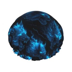 Grand bonnet de douche r&eacute;utilisable pour femme &ndash; Bonnet de douche double couche avec doublure en PEVA et corde &eacute;lastique Motif loup bleu (MINGNX-US, neuf)