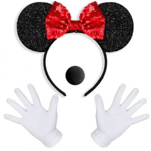 iZoeL Minnie Oreilles 1X Souris Oreille Bandeau 2X Gants Blancs 1X Nez Noir Carnaval Accessoire Personnage de Dessin Animé Cosplay Party Déco Adulte Enfant (CrushOnu, neuf)