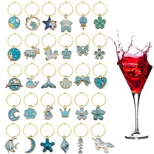 Breloques pour Verres à Vin, 31 Pcs Charmes de Verre à Vin Balises Identification Marqueurs de Verre à Vin Decorate Marqueurs à Boisson pour Soirée de Dégustation de Cocktails de Verres à Pied（Bleu） (TCOPViktor, neuf)