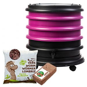 WORMbox | Lombricomposteur 3 Plateaux Framboise + 250gr de vers de Compost + 1 Bloc Coco | 48 litres | Compostez Vos déchets organiques, Les vers de Terre/lombrics produisent du lombricompost (Ferme du Moutta, neuf)