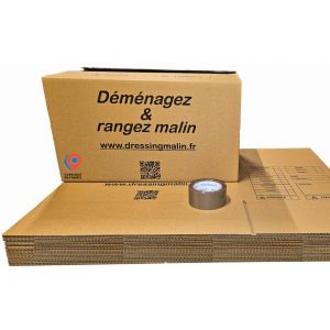 Lot de 20 cartons de d&eacute;m&eacute;nagement 55x35x30 cm + rouleau adh&eacute;sif havane &ndash; Cartons solides et r&eacute;sistants, faciles &agrave; monter &ndash; Id&eacute;al pour emballage, stockage, exp&eacute;dition, rangement &ndash; Recyclables (Dressing Malin, neuf)