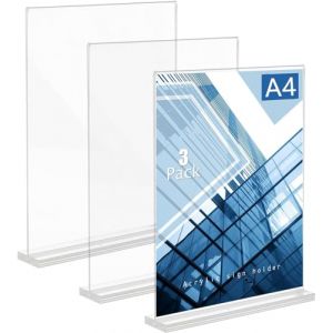 Lot de 3 supports de panneau en acrylique A4, Porte-Menus et Affiches Présentoir de Table A4 en T - Présentoirs Acrylique Transparent, Support plexi A5 pour Restaurant, Hôtel, Menus, Exposition (Hui-Cheng, neuf)