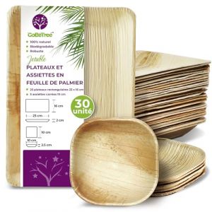 GoBeTree 30 Plateaux Jetables en Feuille de Palmier 25 Plateaux Rectangulaires 23 x 16 cm et 5 Assiettes Carrées 10 cm. Vaisselle Rustique en Bois pour Barbecues et Fêtes d’anniversaire (Cloudes Market, neuf)