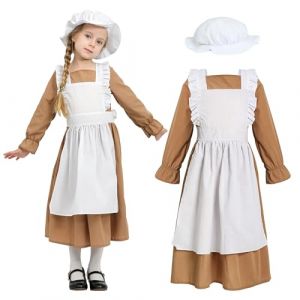 Wizland Victoria juniors costume victorien village m&eacute;di&eacute;val avec robe et chapeau Prairie Vintage Fantaisie Robe pour enfants 10-12 ans (Brun) (Wizland, neuf)