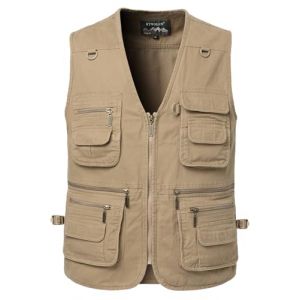 KTWOLEN Gilet de P&ecirc;che pour Homme Multi-Poches Coton Gilet de Photographe Veste sans Manches de Chasse Journaliste, Kaki, 4XL (KTWOLEN, neuf)
