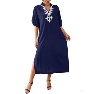 Bsubseach Broderie Robe de Plage Caftan Femmes Grande Taille Kaftan Floral Maxi Longue Tunique Bohème Boho Eté Djellaba Femme Kimono Marine (Bsubseach-EU, neuf)