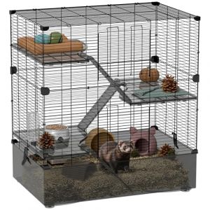 PawHut Cage pour petits animaux &agrave; 4 niveaux avec plateau profond rampes, plateformes, mangeoire et abreuvoir, enclos pour chinchillas, furets hamster, 73 x 47 x 80 cm, noir (OutSunny Iberica, neuf)