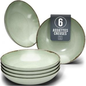 Set de 6 assiettes à soupe Rustic - Grès premium, résistant au lave-vaisselle - Set d'assiettes profondes stylées pour 6 personnes, assiettes pour salade, pâtes grandes et profonde (Natureflow, neuf)