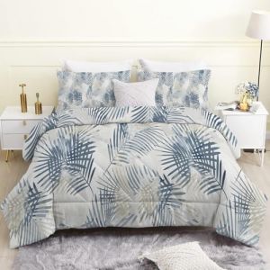 Linfye Couette 140x200 Enfant, Feuilles Gris Bleu Couette Imprimée Duvet 1 Personne Couette Legere Chaude 4 Saisons, Plantes Blanches Douce Réversible Edredon et 2 Taie d'oreiller 65x65 cm (Linfye Maison Confortable, neuf)