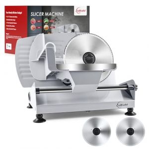 Trancheuse Electrique 200W à Jambon et Saucisson, 2 Lames Détachable de 19 cm, 0-15 d'épaisseur Précise, Commutateur de Rainure pour Utilisation Sûre, Pour Pain, Jambon, Fromage et Viande, Argent (ZUWOHL, neuf)