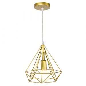 STOEX Lustre Suspension Cage en Fer forme Diamant 25CM, Lampe Suspendue Vintage E27 Eclairage pour Décor Salon Restaurant Chambre (Or) (STOEX, neuf)