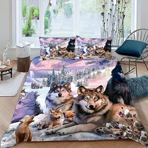 MUNOOR Housse de Couette 200x200 Loup 3D Motif Parure de Lit 2 Personnes Ado Douce Microfibre Ensemble de Literie Animaux De La Forêt avec Fermeture Éclair et 2 Taies d'oreiller 50x75 (SYHMY, neuf)