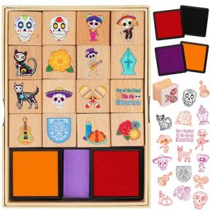 DPKOW Bois Dia de Los Muertos Tampons pour Enfants Artisanat avec Encreur, Halloween Mexicain Tampons pour Enfants Bricolage Artisanat Carte Dia de Los Muertos Goodies Gadget T&ecirc;te de Mort Mexicain (dpkow, neuf)