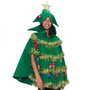 Générique Déguisement Sapin de Noël Femme - Cape à Capuche avec Boules Décoratives et Nœud, Poncho d'arbre de Noël Amusant pour Fête Costumée, Soirée de Noël et Cadeau (Windsfinr, neuf)