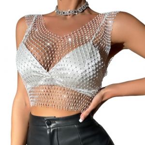 CATOR 1 Pcs Boléro à Paillettes Visible Sexy Boléro en Résille à Manche Haut en Maille avec Strass Scintillant Haut de Danse Jazz Latine Cache-épaules Blouse à Sequin Tenue de Night Club - Blanc (QUQU JIANING, neuf)