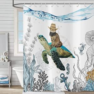 Hnmdmyi Rideau de Douche Dr&ocirc;le 180x200, Mignon Chat Cow-Boy chevauchant Tortue de mer Rideau de Bain oc&eacute;an Paysage sous-Marin r&eacute;cif corallien Animal Marin Enfants Tissu imperm&eacute;able Rideau de Bain (Hnmdmyi, neuf)
