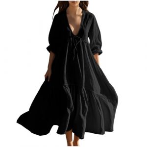 Femme Robe Boheme Chic Coton Lin Manches Longues/Manches Courtes Robe Col V Elegant Robes Swing D'&eacute;T&eacute; Plage D&eacute;Contract&eacute; Maxi Robes Grande Taille Couleur Unie Boh&egrave;Me Mi-Longue Dress (HAOLEI  FR, neuf)
