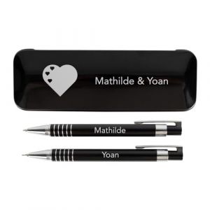 Ocadeau Coffret stylo bille et un porte mine noir &agrave; personnaliser &ndash; Plumier aluminium couleur noir avec texte grav&eacute; sur stylos et coffret (OCADEAU COM, neuf)
