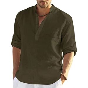 PADOLA Chemise Homme Chemise Lin Homme Col Mao Chemise Manches Longues Uni Henley Shirts Chemise en Lin été Grande Taille Chemise de Plage Classique Casual Décontractée (L, 6 Armée Verte) (Chaos World Apparel, neuf)