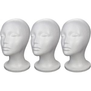 Lot de 3 têtes de perruque en mousse, support de tête de perruque, têtes en mousse F, têtes en polystyrène, mannequin blanc, avec support, pour perruques, bonnets et écouteurs (diamètre 52 cm x 27 cm) (ZhuoRuiChiJunShangMao, neuf)