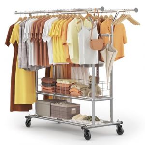 HOKEEPER Barre &agrave; v&ecirc;tements sur roulettes &agrave; charge lourde, double barre &agrave; v&ecirc;tements, capacit&eacute; de charge jusqu'&agrave; 283 kg, design industriel, porte-manteaux avec &eacute;tag&egrave;re et panier &agrave; linge, chrome (EUoutdoor, neuf)