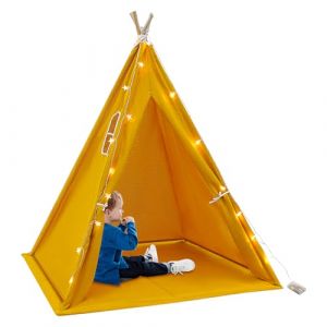 Tipi - Tente pour enfant avec tapis de sol et guirlande lumineuse - Tente de jeu pliable en coton - Pour l'int&eacute;rieur et l'ext&eacute;rieur - 120 x 120 x 140 cm - Jaune (NoneDanGee, neuf)