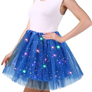 Wishstar Jupe en Tulle Bleu Fonc&eacute; pour Femmes, Robe Danse &agrave; Paillettes &eacute;toil&eacute;es, Mini-jupe Extensible avec Lumi&egrave;res LED, Jupe Tutu 45cm pour Adultes, Robe de Danse pour Adolescentes Carnaval Ballet (XINYAO-EU, neuf)