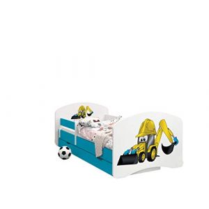 Happy Babies - LIT D'ENFANT DOUBLE FACE AVEC TIROIR Design Moderne Avec Bords S&ucirc;rs et Matelas en Mousse Antichute 7 cm Bleu (Excavateur, 160x80) (EuroTrip, neuf)