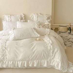 Sedefen Feuille de Lotus Housse de Couette 220x240cm + 2 taies d'oreiller 65x65cm Ado Fille Adulte Blanc Volants Romantique Parure de Lit 2 Personnes Avez Fermeture Éclair (ArvinBoutiques, neuf)