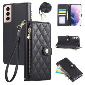 Rosbtib Étui pour Samsung Galaxy S21 5G 2021 6.2 Pouces, Coque pour téléphone Portable en Cuir PU avec Broderie en Losange, Galaxy S21 Étui à Rabat avec dragonne et bandoulière, Noir (Tengkai Technology, neuf)