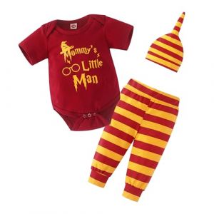 Asmea Vetement Bebe Garçon Ensemble Bebe Garçon Personnalisé Body Bébé + Pantalon Rayé + Chapeau Deguisement Harry Bébé Cadeau Naissance Garcon 3PCS Tenue Naissance Bebes Garcon 0-6 Mois Rouge (ETau, neuf)