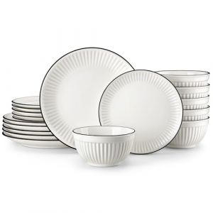 MALACASA 18 Pi&egrave;ces Service de Vaisselle en Porcelaine pour 6 Personnes, Assiettes Service de table avec D&eacute;tails en Relief, Passe au Micro-ondes, Blanc avec Bordure Noire - S&eacute;rie LEILA (MALACASA Online Store, neuf)