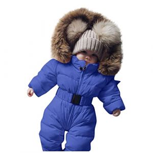 Henagehde Combinaison de Neige pour Enfants Hiver B&eacute;b&eacute; Fille Gar&ccedil;on Rembourr&eacute; &agrave; Capuche Fourrure Manteau Couleur Unie avec Ceinture Combinaison De Ski Surv&ecirc;tement Veste (Blue, 12-18 Months) (Mengha (7-15 jours de livraison), neuf)