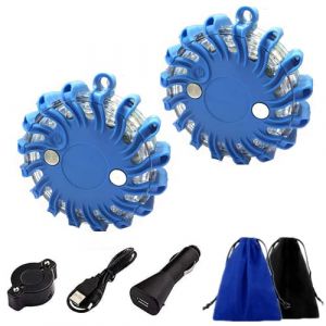 2pcs Balise De Signalisation Lumineuse,LED Lamp d'Avertissement USB Rechargeable avec Base magnétique/Sac de Rangement (Bleu) (STARPIA, neuf)