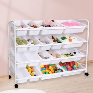Diegimr Organisateur Rangement Jouets d'Enfants, Étagère Jouets 4 Niveaux avec 18 Bacs Plastique Détachable Boîte Support Étagère Enfants Support Organisation Rangement Poupées pour Salle Jeux Crèche (Bai Yun, neuf)