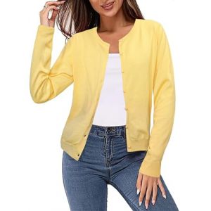 Irevial Cardigan Femme avec Boutons et Encolure en Col Rond Cardigan Femme Léger et Estival Elégant Jaune，XXL (FUZHOUJINGSI-EU, neuf)
