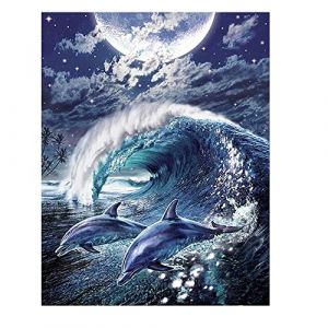 DCIDBEI Square Diamond Painting Dauphins 40x50 cm Peinture Diamant Adulte Dauphin Diamant Painting Dauphin Painting Paysage Bord de Mer Diamond Painting Diamant Carr&eacute; Peinture par Numero Lune (BEIMIN, neuf)
