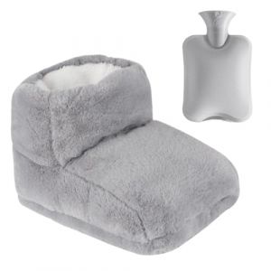 SKIKHN Chauffe-Pieds, Chauffe Pied Non &Eacute;lectrique, 2 in 1 Chauffe-Pieds Peluche avec 1L Bouillottes, Bottes Chauffants, Super Doux et Chaud, 30x25cm Chausson Chauffant pour Femme Homme (Gris) (yi jian walo, neuf)