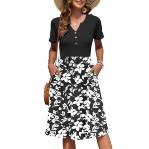 AUSELILY Robe Femme d'&eacute;t&eacute; &agrave; Manches Courtes Longueur Genou Col en V avec Boutons Robes Mi-Longue Style Empire avec Poches Fleur Noire et Blanche M (AUSELILY FASHION, neuf)