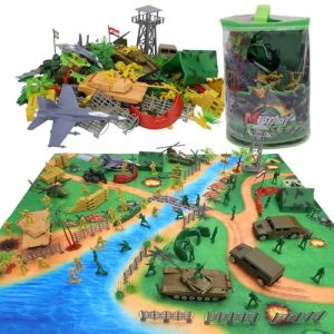 deAO 150 Pièces Ensemble de Jeu Militaire avec 96 pcs Soldats Miniatures, Chars, Hélicoptères, Camions, Avions de Chasse, Militaire Homme Armé Jouer, Accessoires de Combat avec Seau (MEGOSS, neuf)