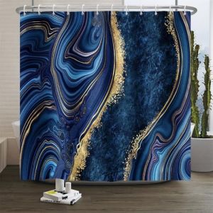 Xiaoterna Rideau de Douche en Tissu marbr&eacute; Bleu Marine et dor&eacute; Rideaux de Salle de Bain imperm&eacute;ables de Couleur Neutre Rideaux Modernes et Luxueux R&eacute;sistants &agrave; la moisissure D&eacute;coration 180x180cm (Xiaoterna Store, neuf)