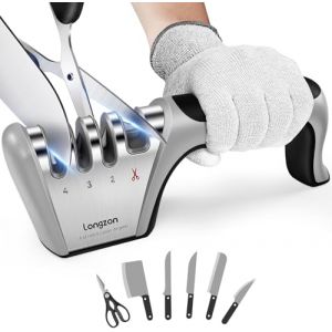 longzon Aiguiseur Couteaux, 4 en 1 Affuteur Couteau Professionnel avec une paire de Gants Anti-coupure, eguiseur de couteau pour Ciseaux et Couteaux de Cuisine de Diff&eacute;rentes Tailles (BOGEmall-AMFR, neuf)