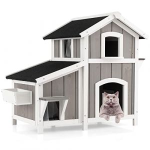 COSTWAY Niche pour Chat Exterieur, Maison Chat en Bois 2 Étage, 3 Compartiments, Toit en Asphalte, Rideaux en PVC, Cabane Chat Exterieur Interieur, 6 Portes, pour Chat Lapin Chiot, 100 x 64 x 82,5 cm (FDS GmbH, neuf)