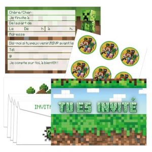 YCWSSB Carte invitation Anniversaire Minecraf(Français), 12pcs Carte D'invitation+ Enveloppe+ Autocollant, Cartes D'Invitation Anniversaire à Thème pour Enfants (1) (chengzhenjiancai, neuf)