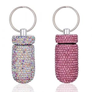 GOUWEIBA 2 Pcs Pilulier Portable avec Porte-clés, Pilulier Étanche, Mini Porte-pilules Petite Boîte à Porte-Médicament Conteneur Bling Strass pour Voyage En Plein Air (Rose + Argent) (An Grocery Store, neuf)